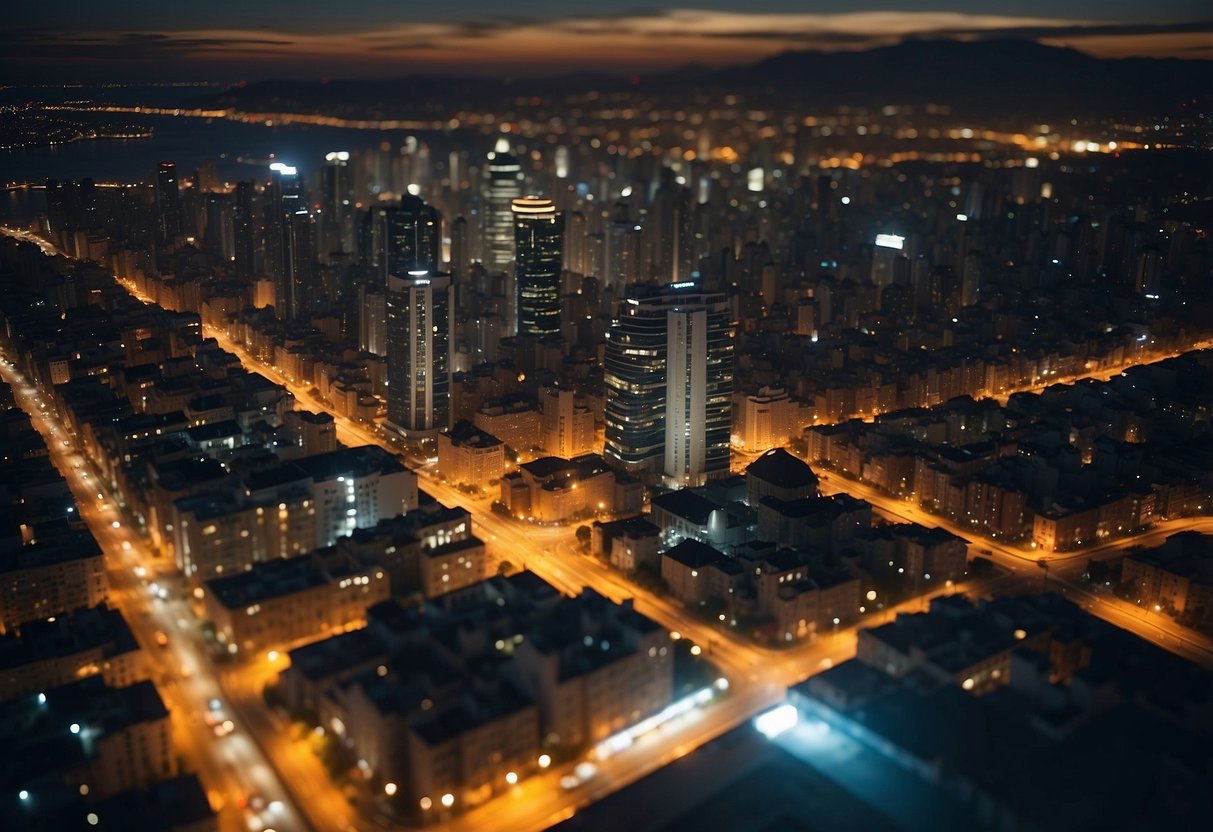 A city skyline at night with bright outdoor lights illuminating buildings and streets, while casting shadows and creating light pollution