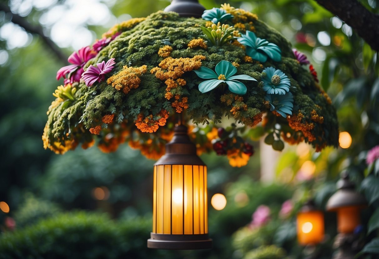 A colorful, oversized light fixture shaped like a whimsical creature, surrounded by lush, fantastical foliage and playful garden ornaments