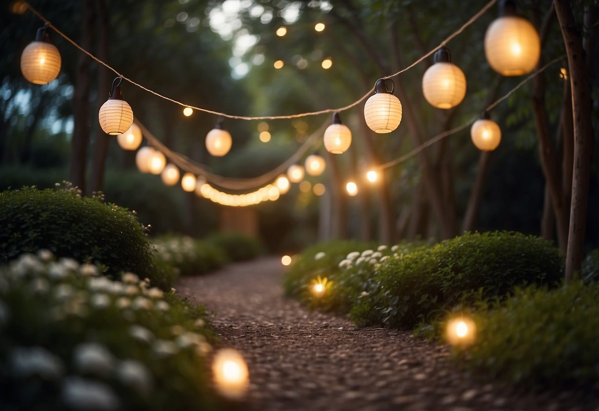 A garden path lined with hanging lanterns and twinkling fairy lights illuminates the night, casting a warm and inviting glow over the outdoor space