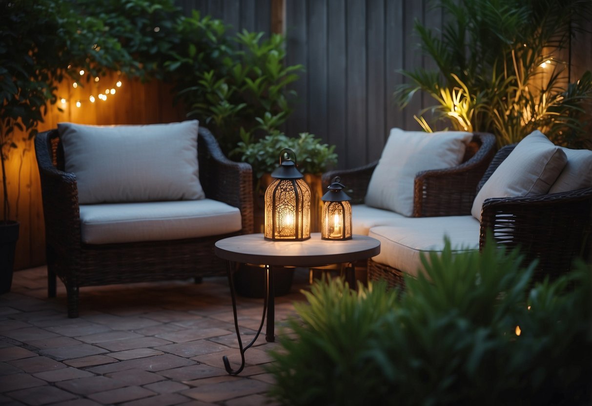 A patio adorned with unique outdoor lighting, casting a warm glow over the furniture and plants