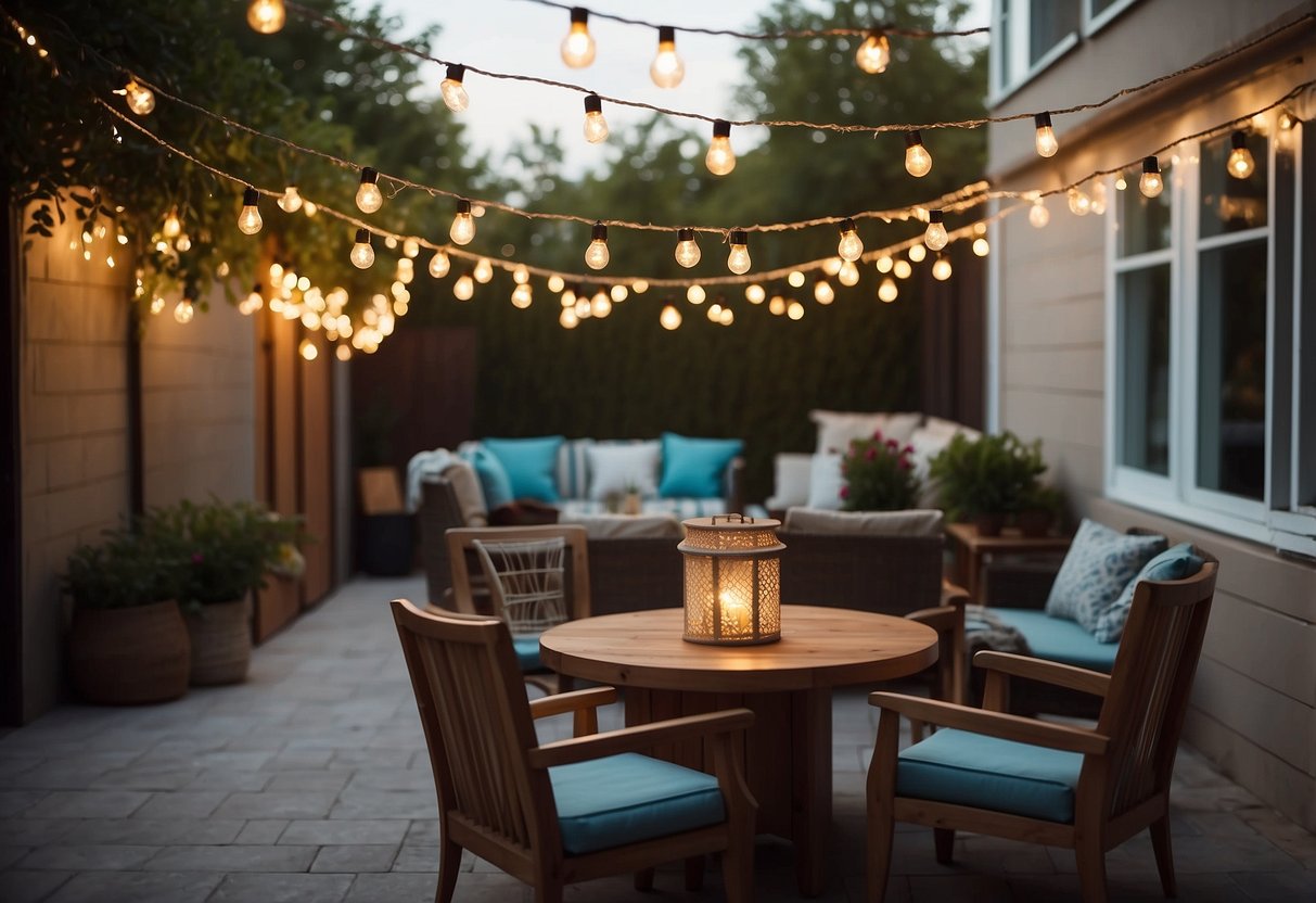 A patio with string lights hung in unconventional patterns, casting warm and inviting glows across the space