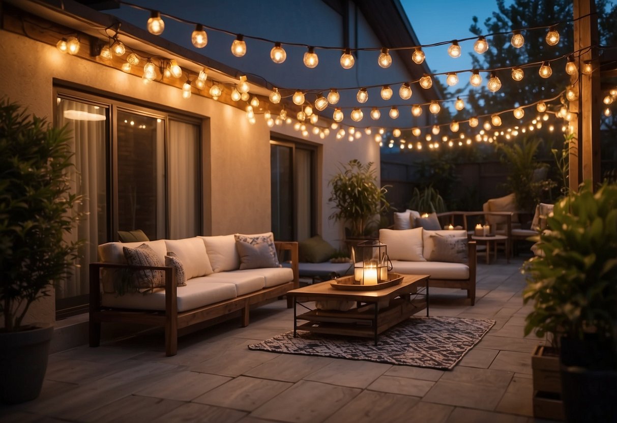 A patio with unconventional lighting, featuring a mix of string lights, lanterns, and LED fixtures, creating a warm and inviting atmosphere