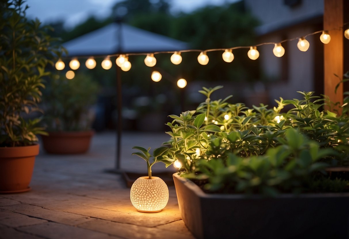 A solar-powered string of LED lights illuminates a patio, surrounded by potted plants and a small wind turbine