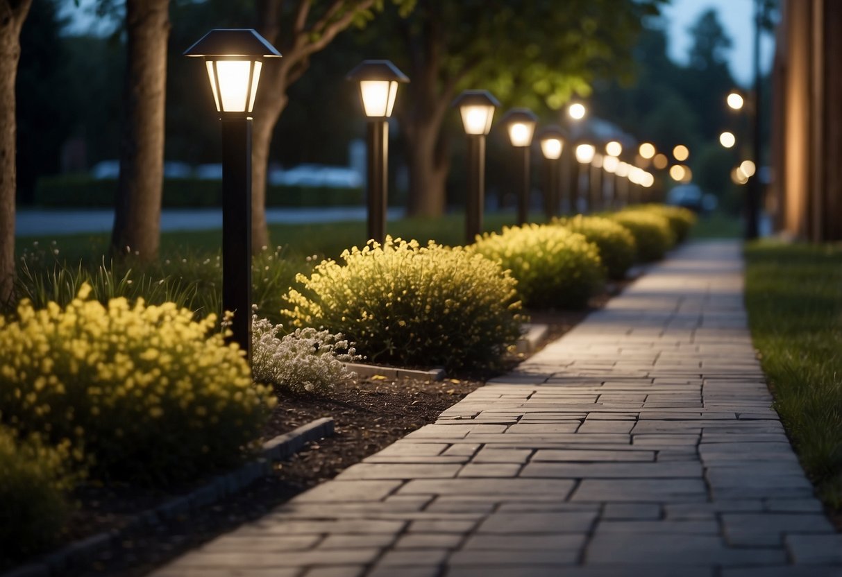 A well-lit pathway with shielded outdoor fixtures, following local regulations. Soft, warm lighting accents landscaping and architectural features