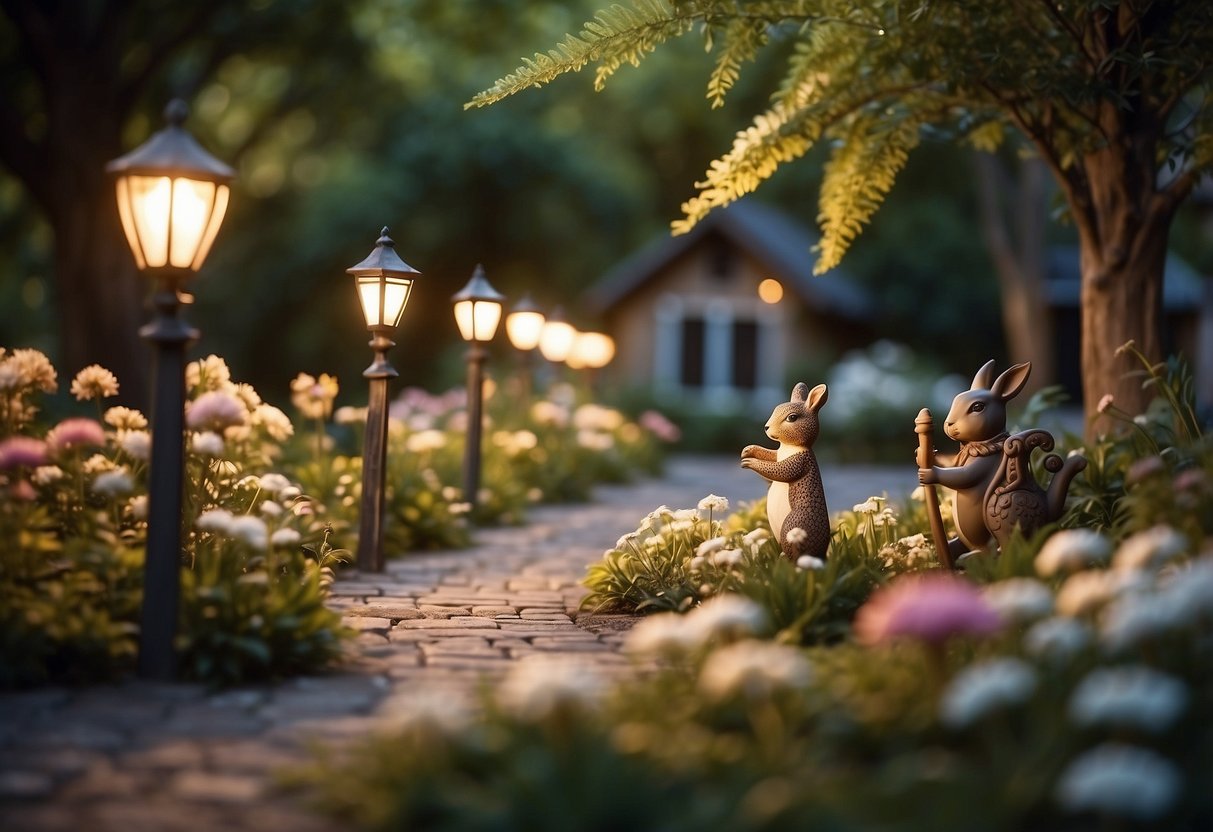 A whimsical yard light illuminates a charming garden scene with blooming flowers, winding paths, and playful animal statues