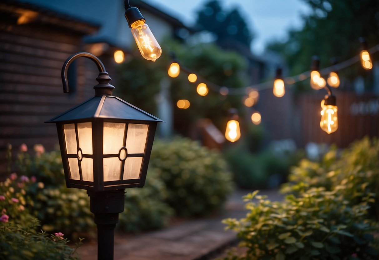 A whimsical yard light illuminates a cozy garden, surrounded by safety signs and regulations