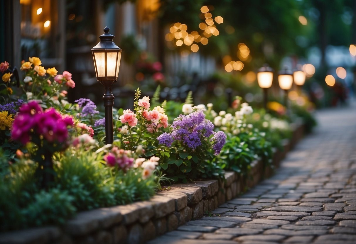 A whimsical yard light illuminates a quaint, cobblestone pathway, surrounded by vibrant flowers and lush greenery. A charming sign reads 