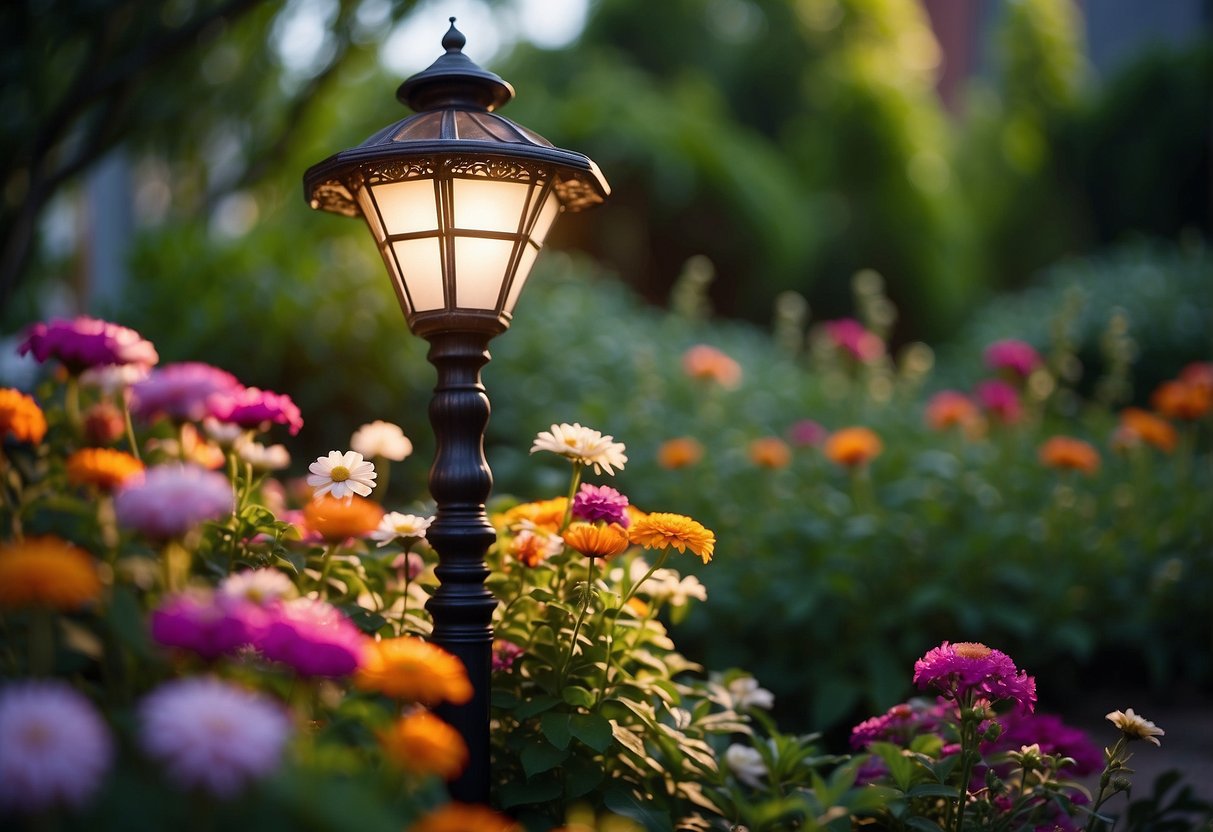 A whimsical yard light stands tall, surrounded by vibrant flowers and lush greenery. Its intricate design and colorful lights bring a sense of magic to the garden