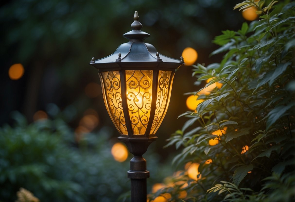 A whimsical yard light with colorful swirls and a playful design illuminates a lush garden, casting a warm and inviting glow on the surrounding foliage