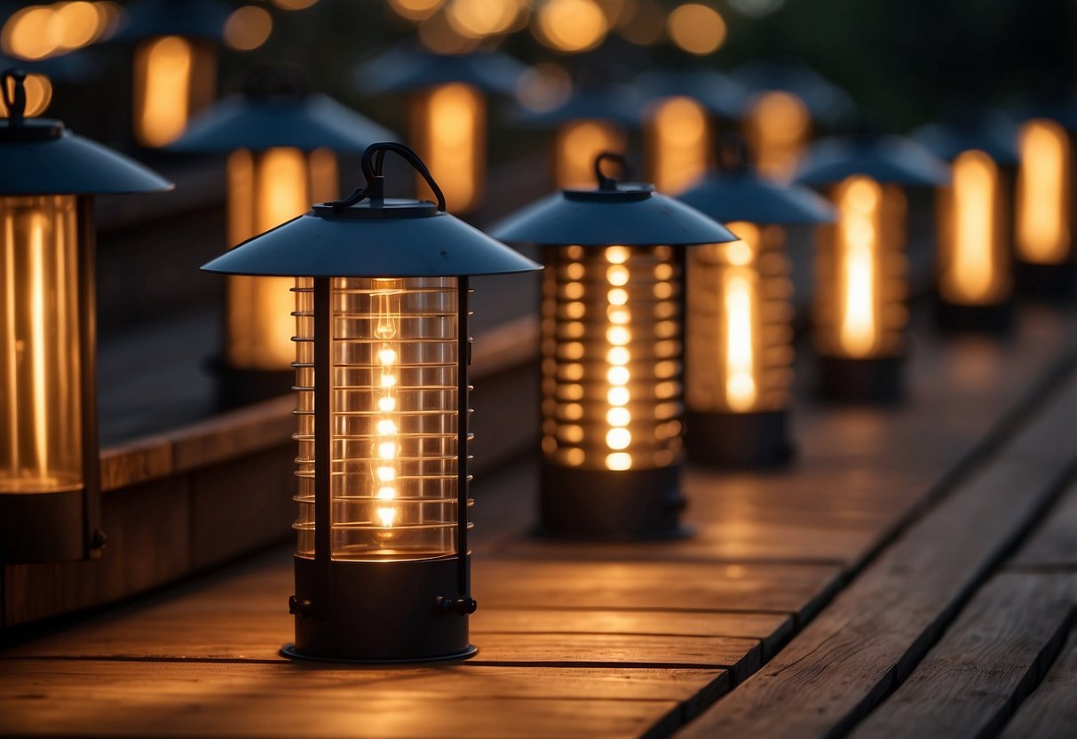 Solar deck lights of various shapes and sizes illuminate a wooden deck, casting a warm glow on the surrounding area