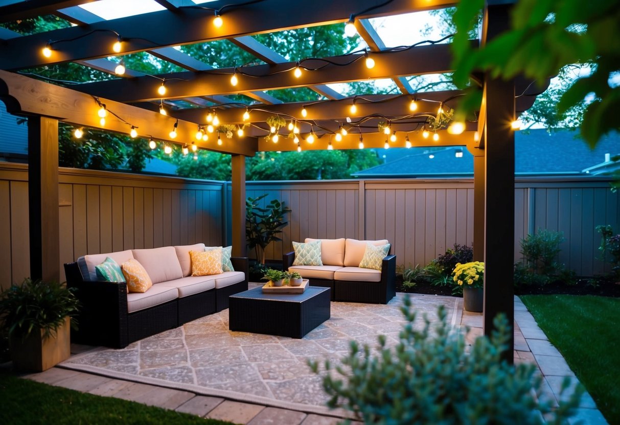 A backyard garden with solar-powered string lights hanging from a pergola, illuminating a cozy outdoor seating area