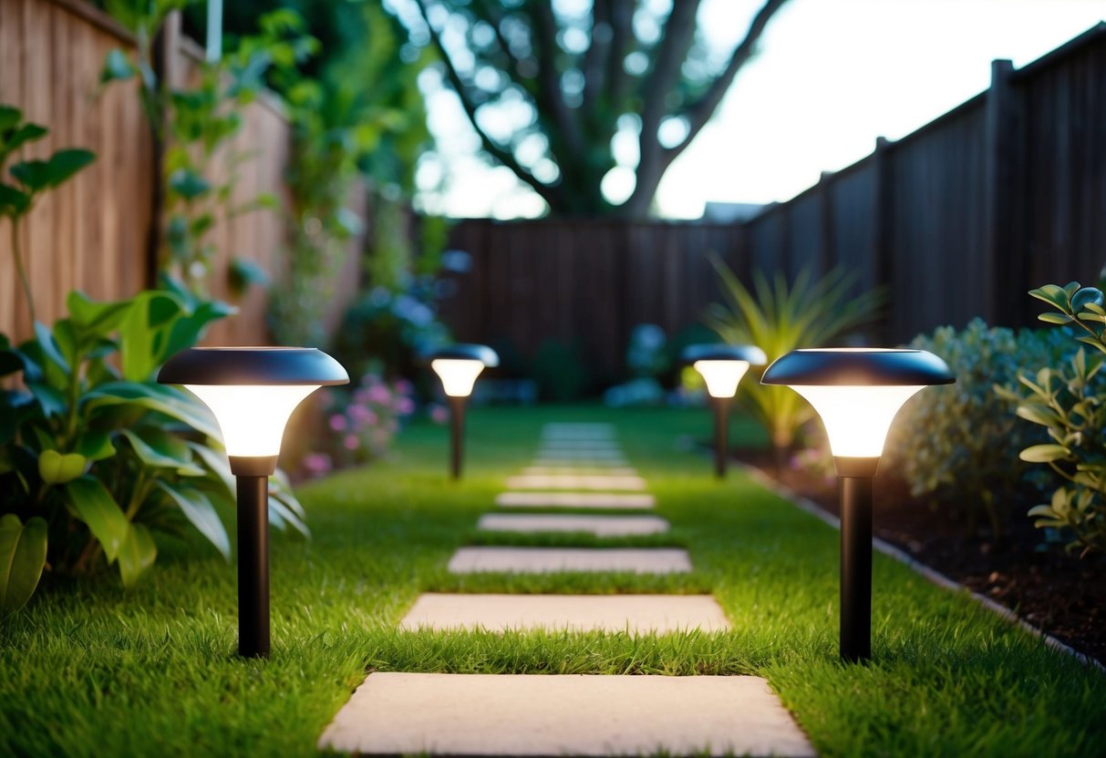 A backyard with solar-powered lights illuminating a garden path, surrounded by trees and plants