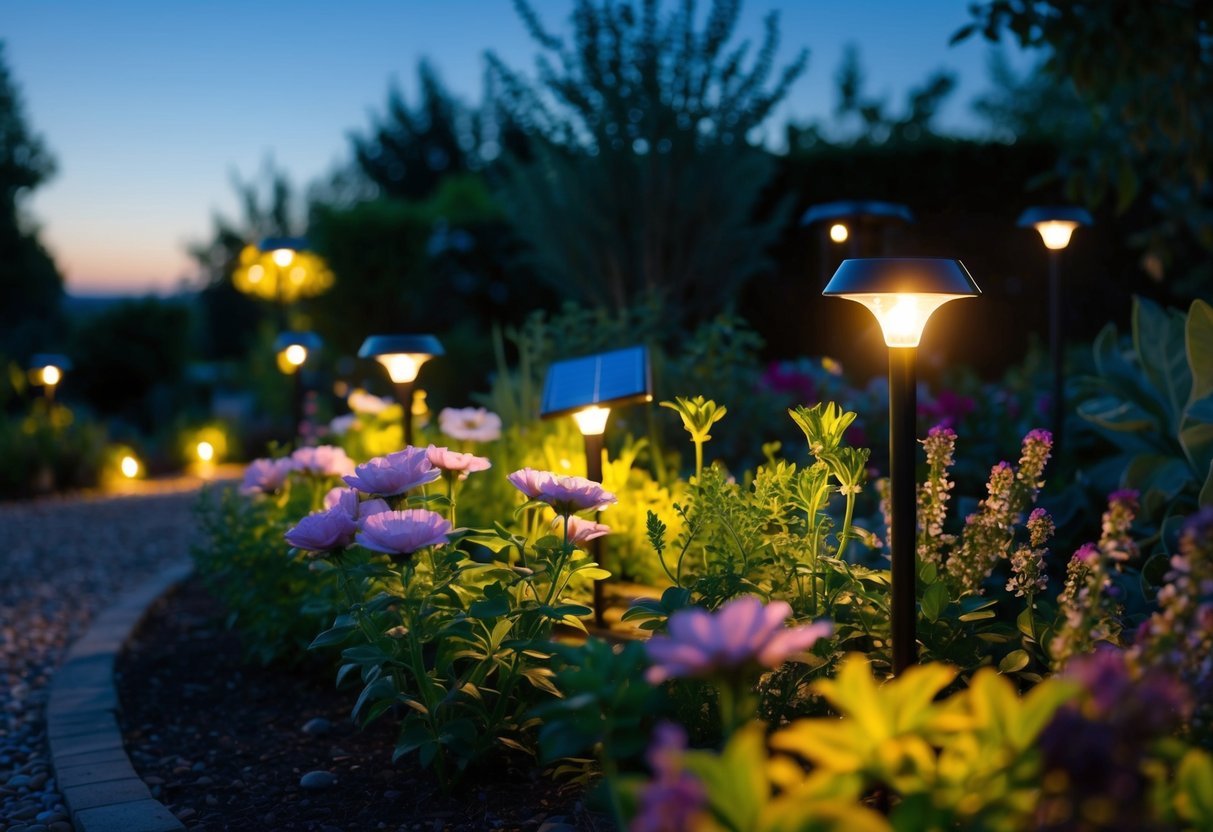 A garden at dusk, illuminated by solar-powered lights. Flowers and plants are bathed in a warm, gentle glow, creating a peaceful and cost-effective ambiance