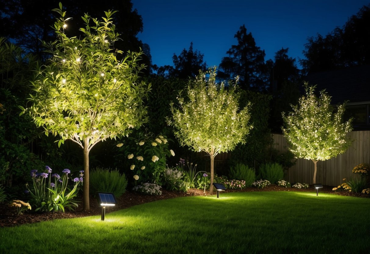 A garden at night, illuminated by solar-powered lights. Trees and flowers are bathed in a soft, eco-friendly glow, reducing the need for electricity