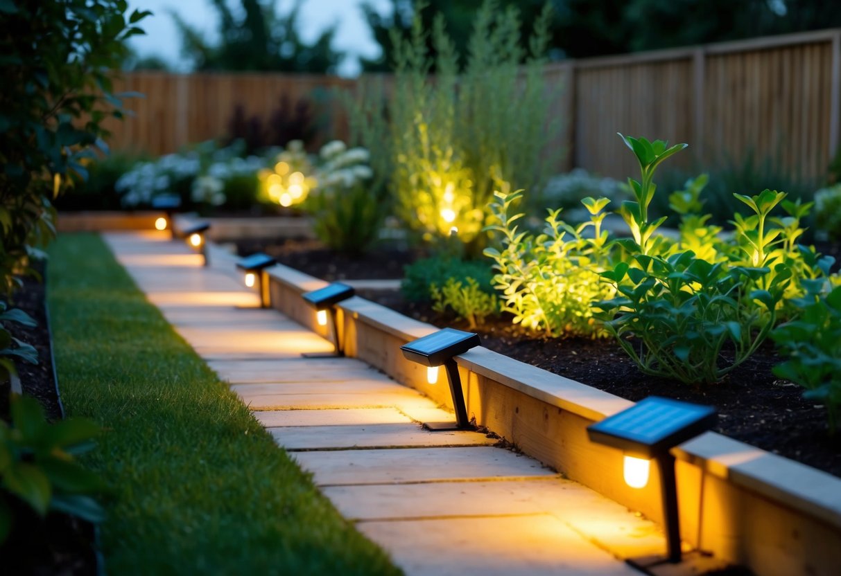 A garden with solar-powered lights illuminating pathways and highlighting plant beds, creating a warm and inviting atmosphere