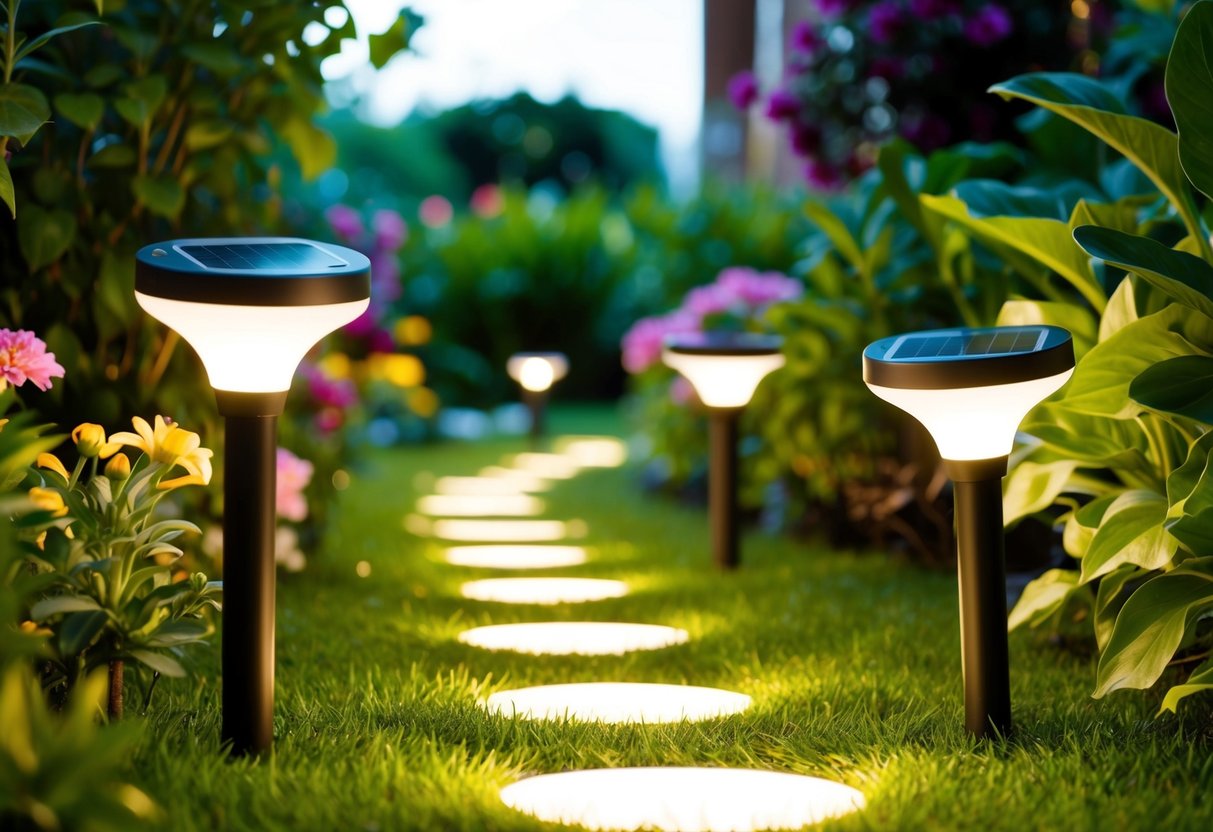 A lush garden with solar-powered lights illuminating the pathway and highlighting the beauty of the surrounding plants and flowers