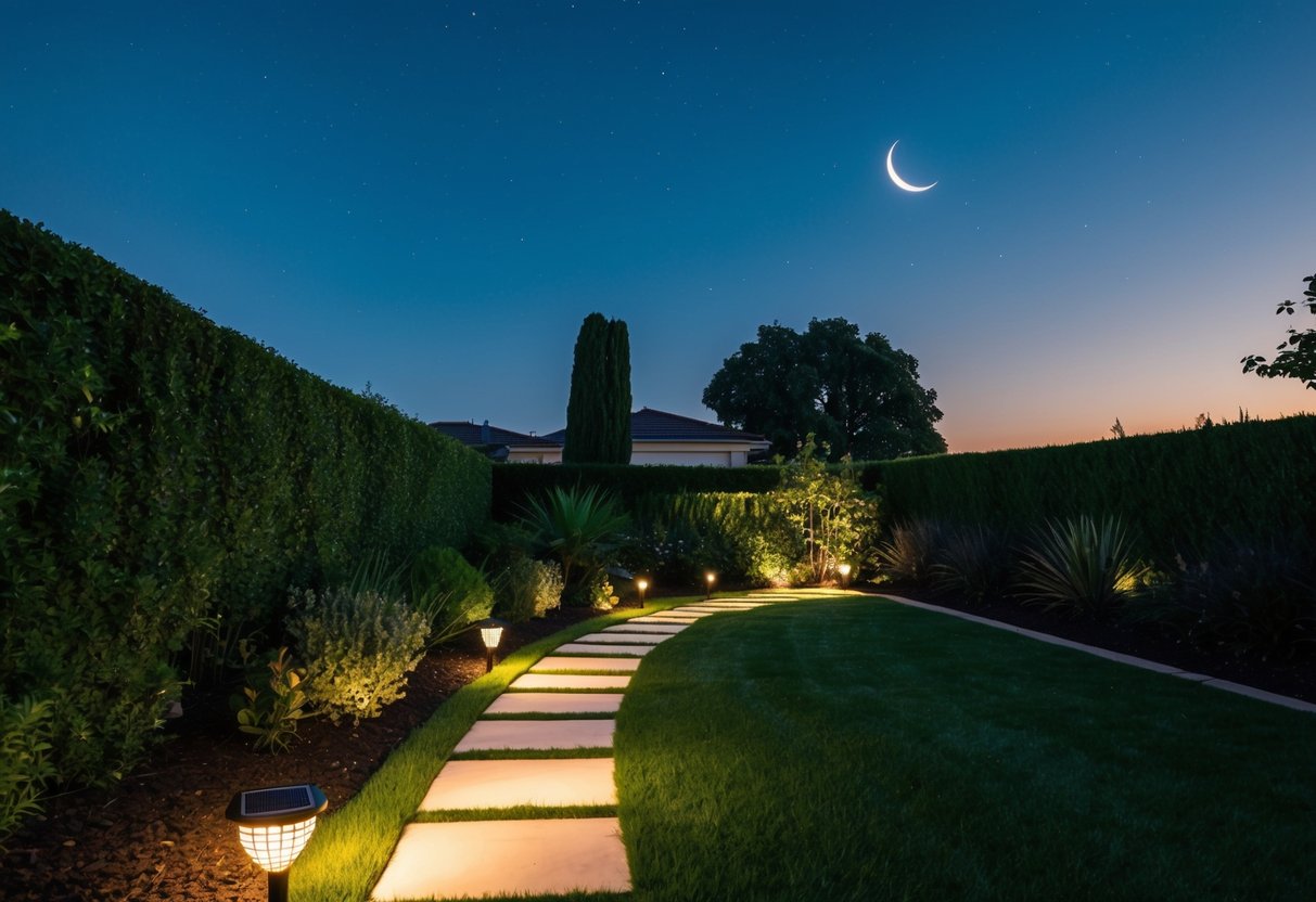 A lush garden with solar-powered lights illuminating the pathway at night. A clear sky with stars and a crescent moon overhead