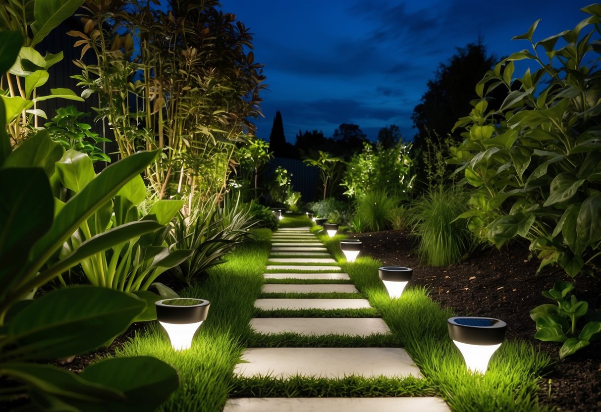 A lush garden with solar-powered lights illuminating the pathway at night, surrounded by thriving plants and minimal waste