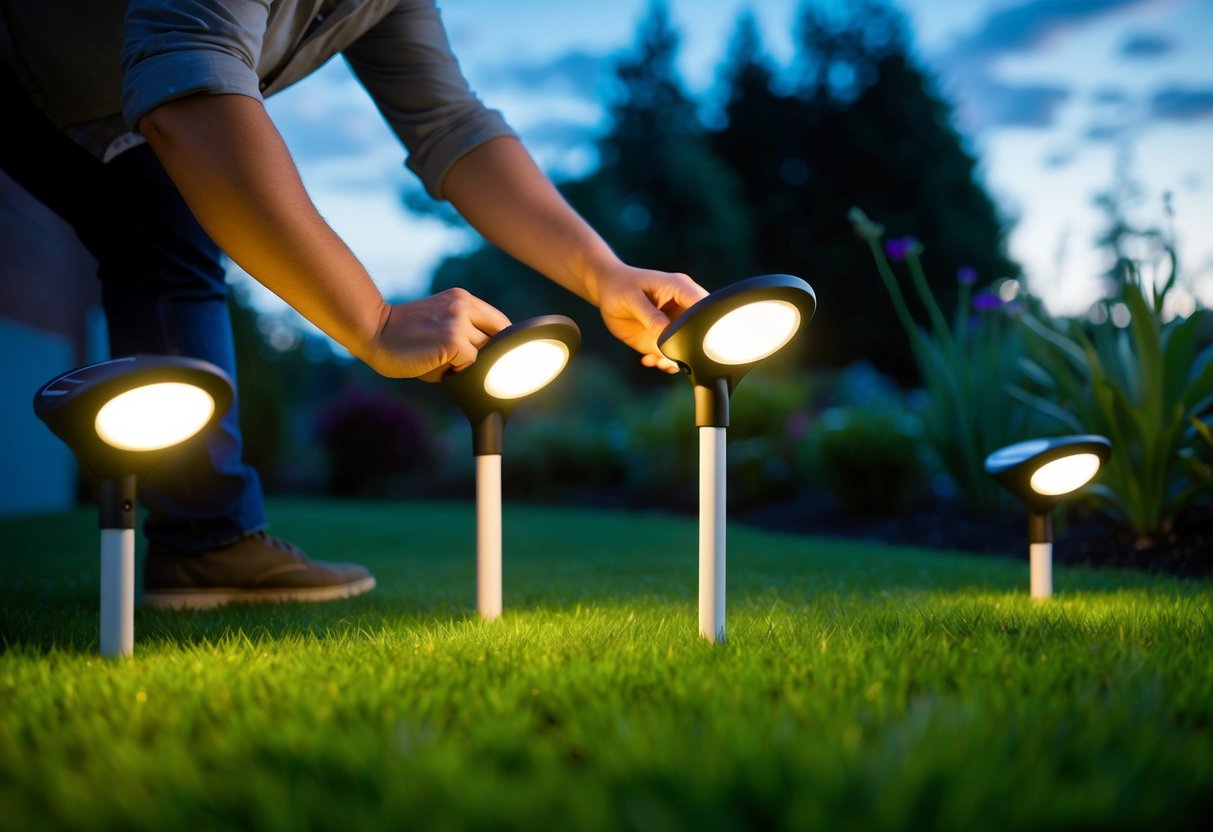 A person adjusting solar-powered lights in a garden at dusk. The lights are positioned strategically to capture the most sunlight during the day