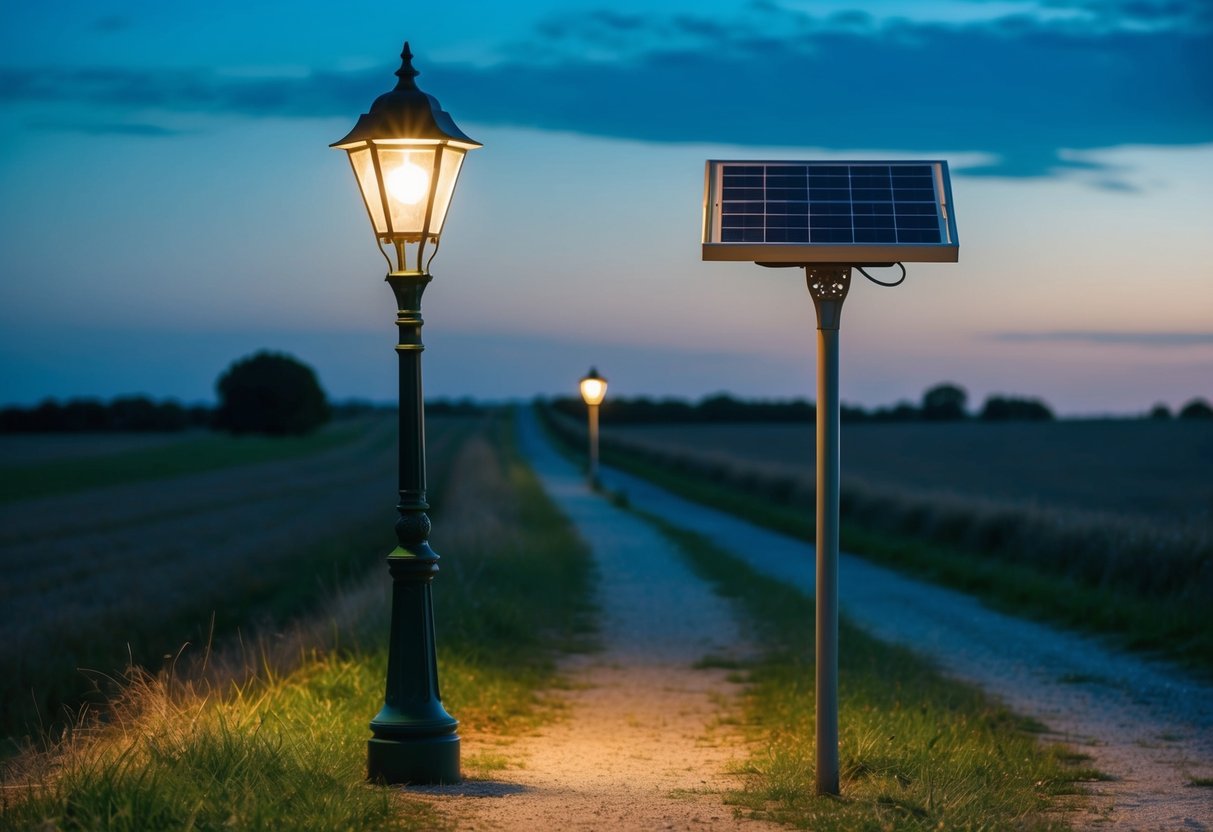 A rural landscape with a traditional street lamp next to a solar-powered lamp, both illuminating a pathway at dusk