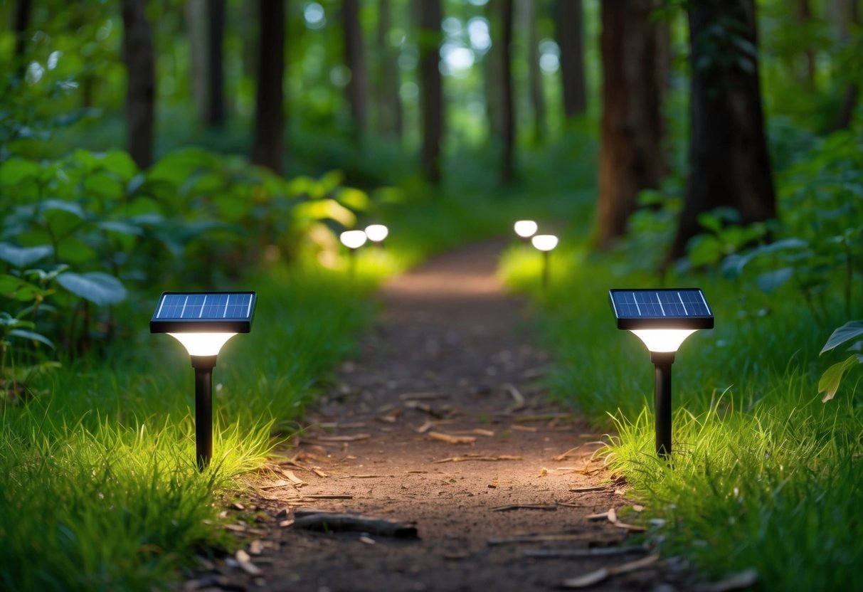 A serene forest clearing with solar-powered lights illuminating the path, surrounded by lush greenery and wildlife