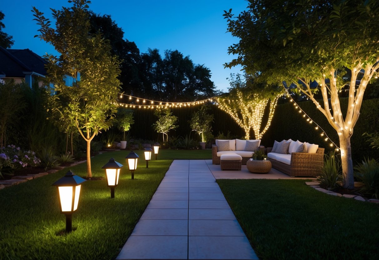 A serene garden at dusk, illuminated by a variety of solar-powered lights, from pathway lanterns to string lights wrapped around trees and a cozy outdoor seating area