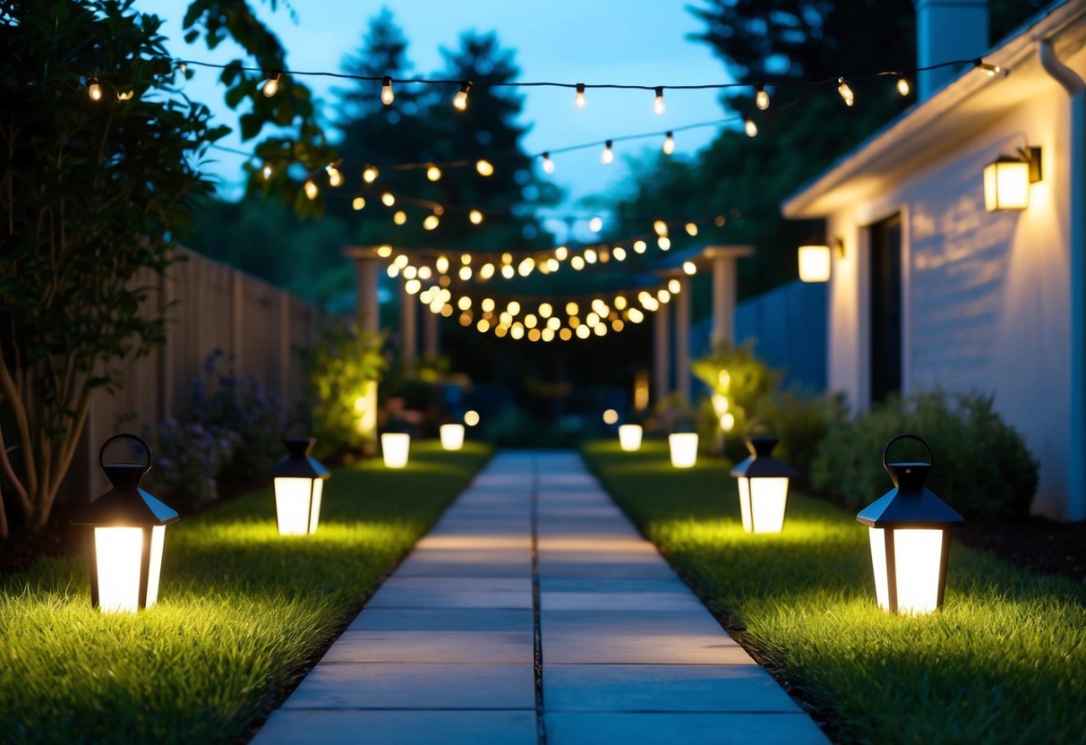 A serene garden at dusk, illuminated by a variety of solar-powered lights: pathway lanterns, hanging string lights, and wall-mounted sconces