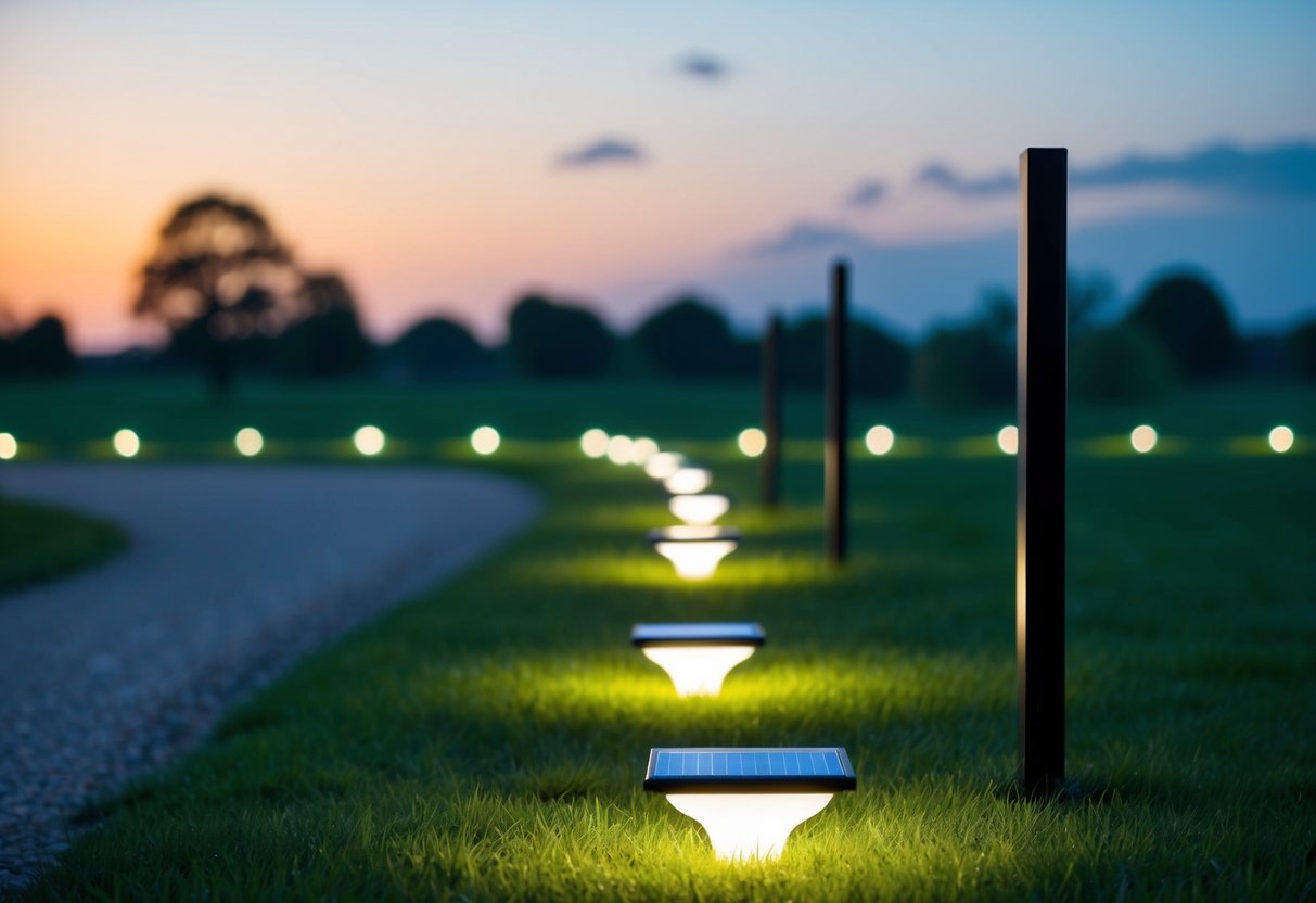 A serene landscape with solar-powered lights illuminating a pathway, while traditional lighting casts a harsher, more polluting glow on the surrounding area