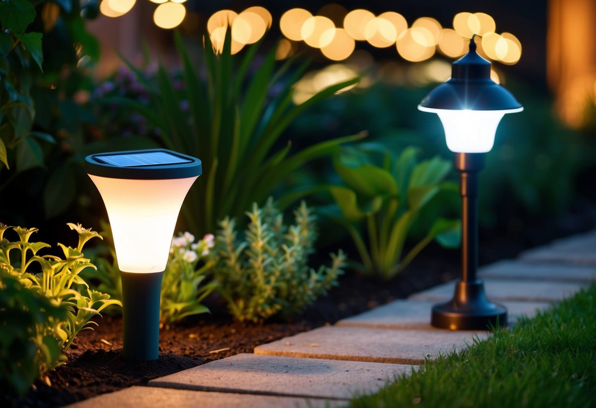 A solar-powered lamp illuminates a garden at night, casting a soft, warm glow on the surrounding plants and pathways. Nearby, a traditional electric lamp emits a harsher, cooler light