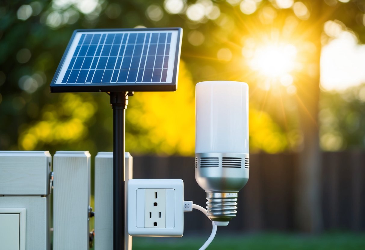 A solar-powered light and a traditional light fixture side by side, with the sun shining on the solar panel and an electrical outlet near the traditional light