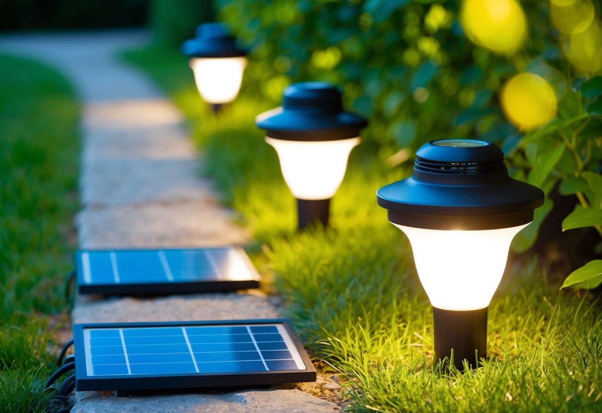 A solar-powered light illuminates a garden path, while a traditional light shines nearby. The solar panel on the ground absorbs sunlight