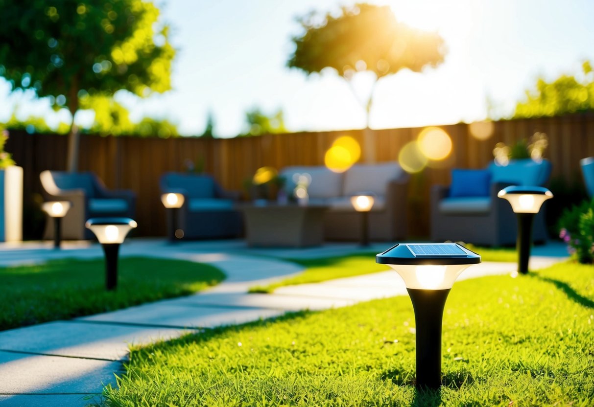 A sunny outdoor setting with various solar-powered lighting fixtures illuminating a pathway, garden, and outdoor seating area