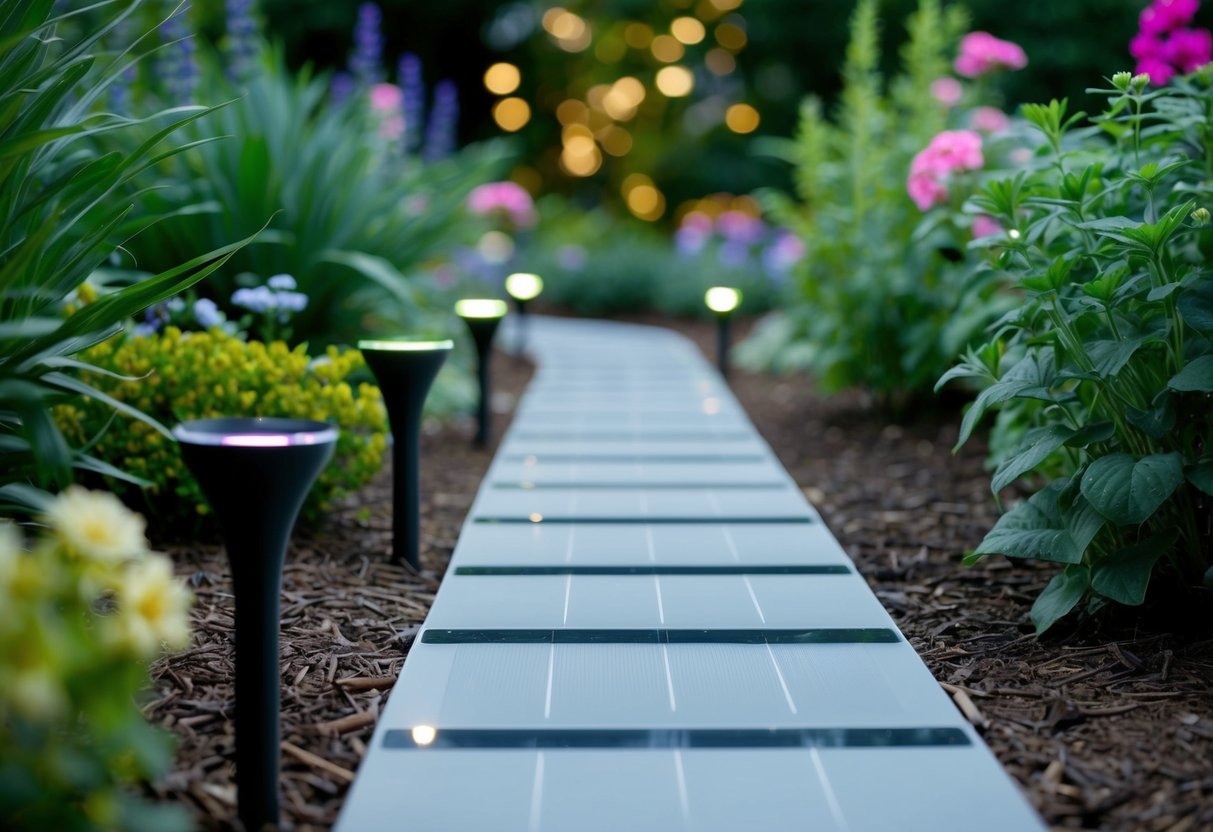 A tranquil garden with solar-powered lights seamlessly installed along pathways and illuminating the surrounding plants and flowers